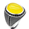Pure 925 Sterling Silver Yellow Agate Ring for Men Natural Gemstone with Black Zircon Punk Rings Turkish Handmade Jewelry Gift