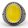 Pure 925 Sterling Silver Yellow Agate Ring for Men Natural Gemstone with Black Zircon Punk Rings Turkish Handmade Jewelry Gift
