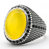 Pure 925 Sterling Silver Yellow Agate Ring for Men Natural Gemstone with Black Zircon Punk Rings Turkish Handmade Jewelry Gift