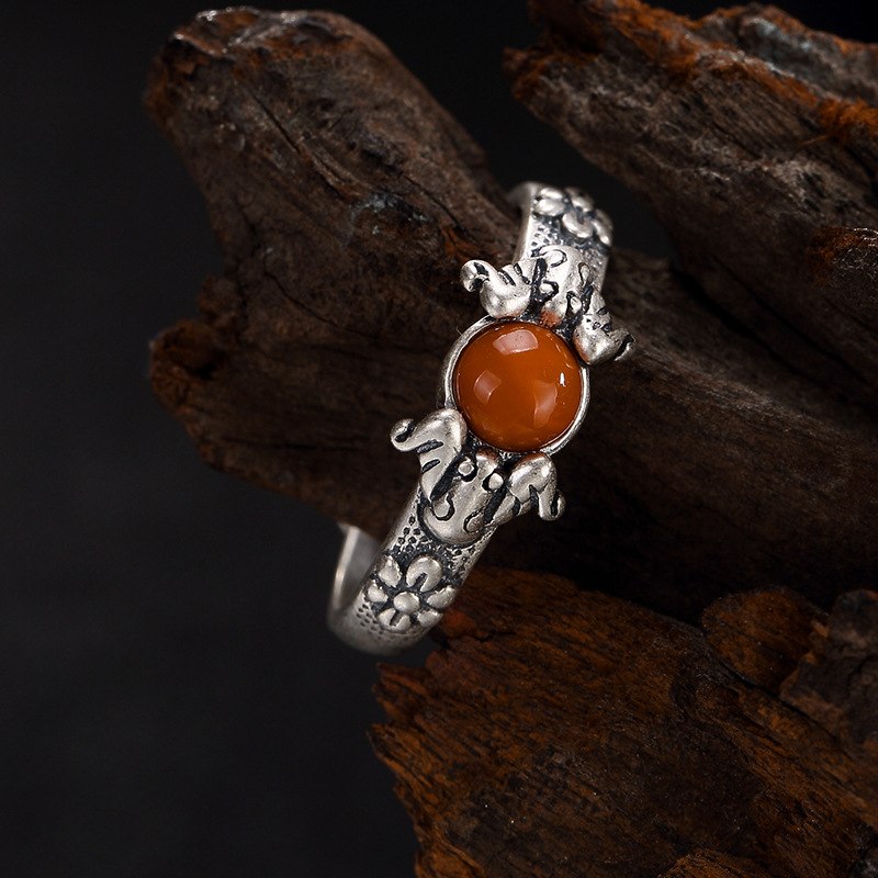 Pure Silver Inlaid Restoring Ancient Ways South Red Agate In Front The Plum Blossom Female Opening Ring Ring Wholesale