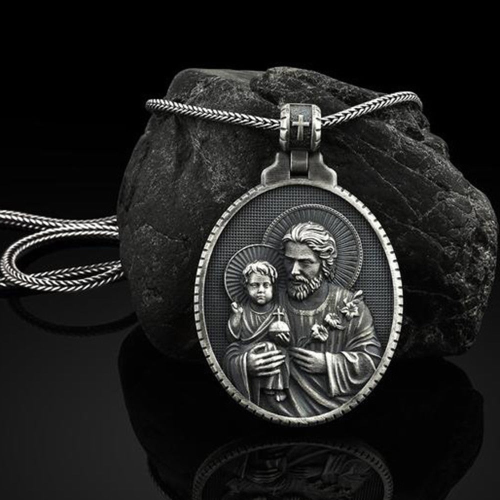 Pure Tin Religion Christian Joseph Hug Jesus Retro Style Saint Joseph Pendant Necklace Catholic Pendants Necklace For Women Men