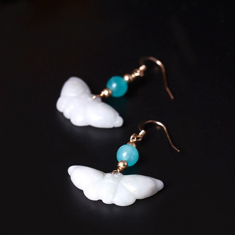 Pure emerald earrings 14K gold amazonite jade butterfly drop earrings for women ethnic simple design elegant charms jewelry