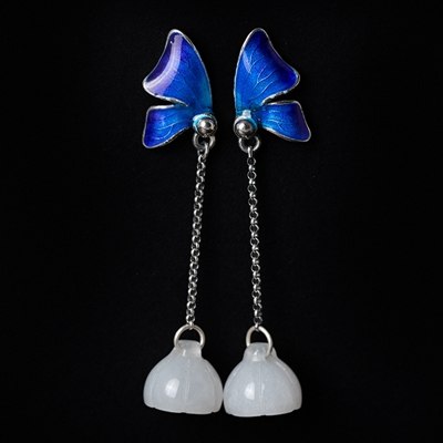 Pure handmade 12mm white jade sterling 925 silver enamel butterfly earrings elegant ethnic design drop earrings women jewelry