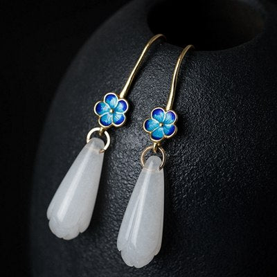 Pure white jade magnolia enamel earrings 925 sterling silver drop earrings noble temperament simple design vintage women jewelry