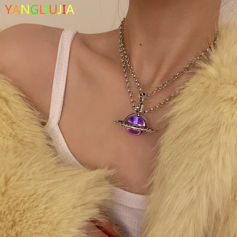 Purple Black Saturn Crystal Pendant Necklace Hip-hop Punk Retro Chain Of Clavicle Sweater Chain Ms Girl Travel Jewelry