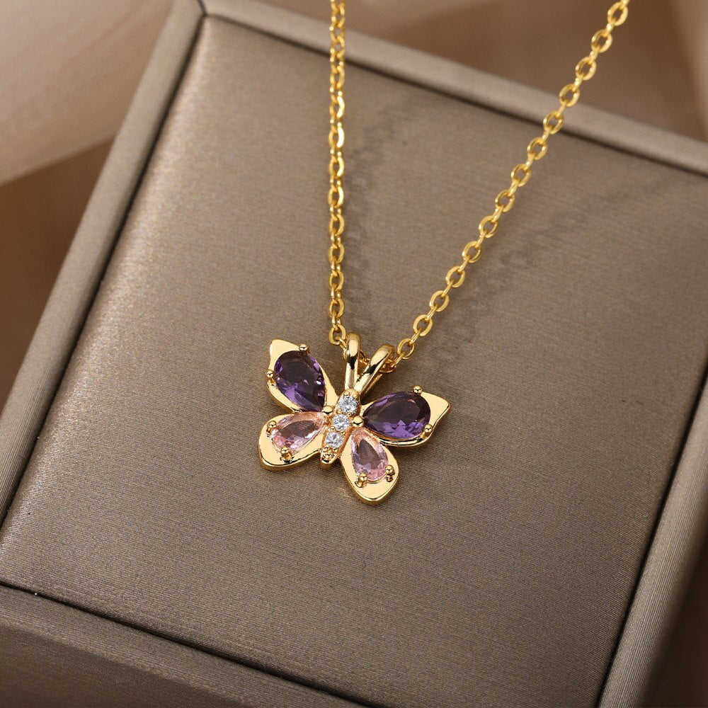 Purple Crystal Butterfly Pendant Necklace For Women Stainless Steel Cubic Zirconia Gold Color Necklaces Couple Aesthetic Jewelry