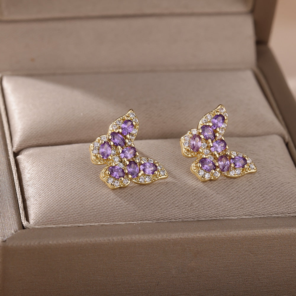 Purple Crystal Butterfly Stud Earrings For Women Stainless Steel Zircon Earrings 2023 Trend Couple Jewelry boucle oreille femme