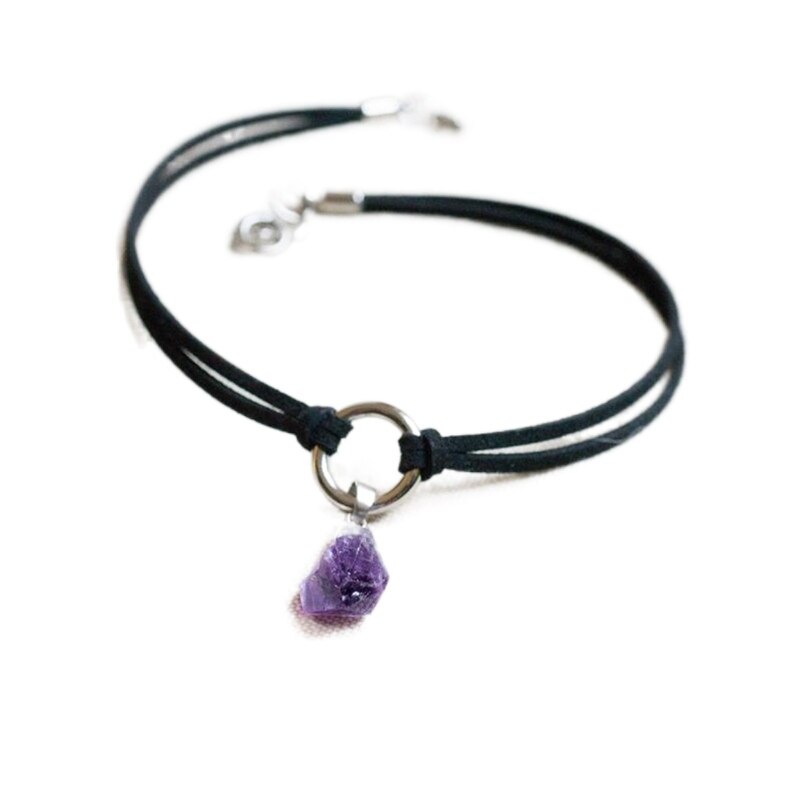 Purple Crystal Choker Necklace Witchy Jewelry Raw Stone Pendant Black Layering Choker Boho Style Punk Charm Women Gifts