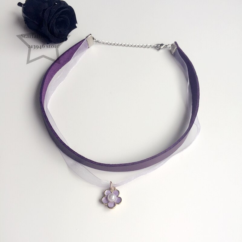 Purple Flower PU Leather Ropes & Stainless Steel Chokers Jewelry Handmade Jewellery Necklaces