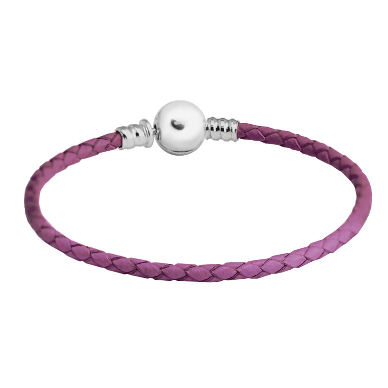 Purple Leather Rope Bracelet 100% 925 Sterling Silver Ball Clasp Charm Beads Bracelets for Women DIY Fine Jewelry PLE503