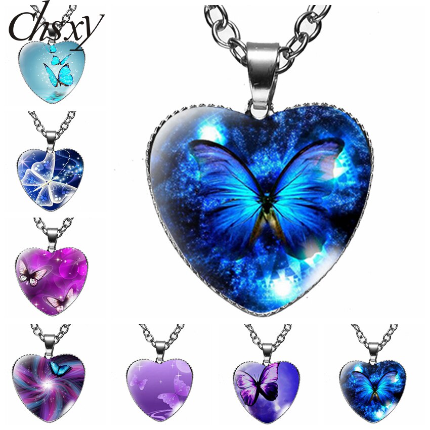 Purple Magic Butterfly Heart Necklace Cute Bautiful and Mysterious Butterfly Painting Glass Dome Pendants Neck Chains For Women