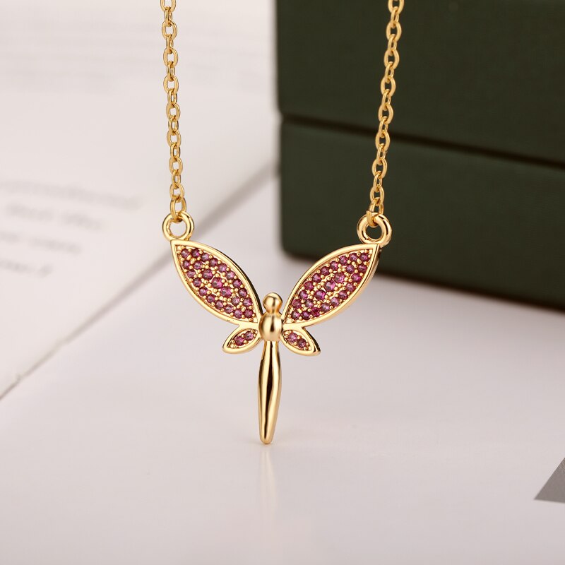 Purple Zircon Dragonfly Necklace For Women Stainless Steel Gold  Color CZ Necklaces 2023 Korean Aesthetic Jewelry