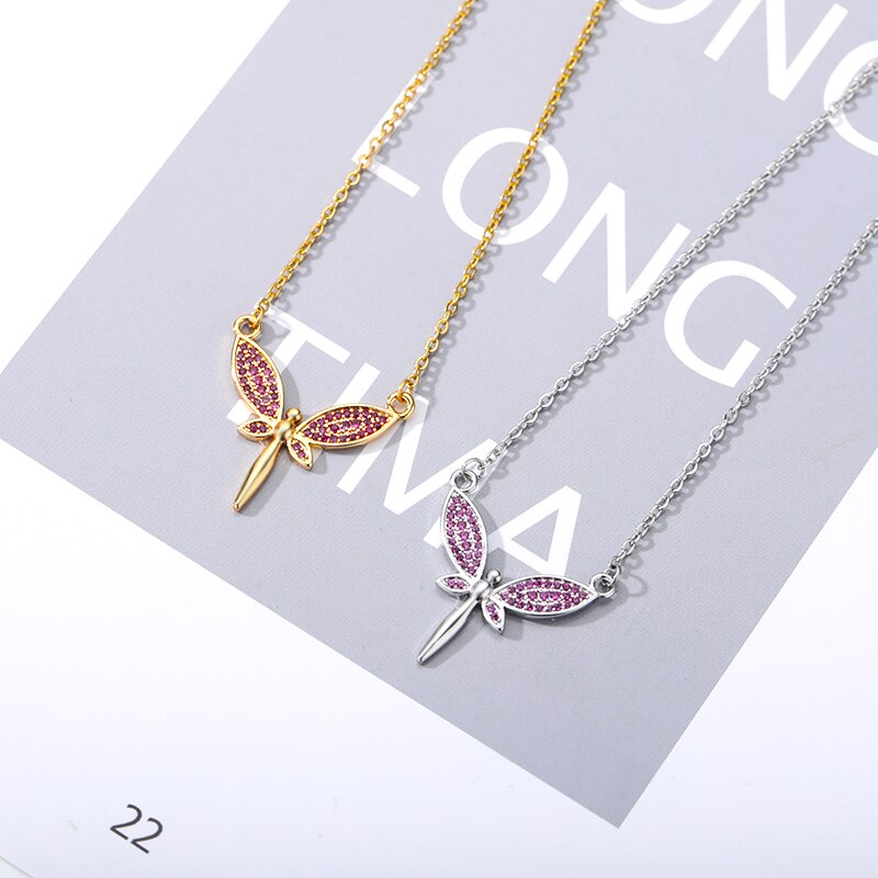 Purple Zircon Dragonfly Necklace For Women Stainless Steel Gold  Color CZ Necklaces 2023 Korean Aesthetic Jewelry