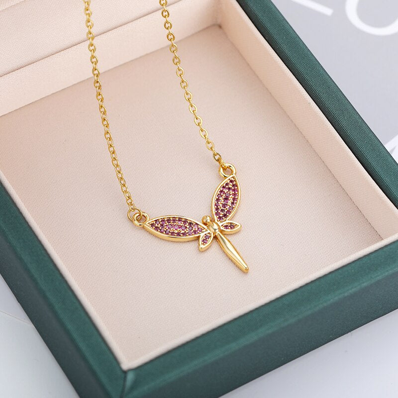 Purple Zircon Dragonfly Necklace For Women Stainless Steel Gold  Color CZ Necklaces 2023 Korean Aesthetic Jewelry