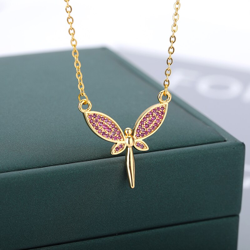 Purple Zircon Dragonfly Necklace For Women Stainless Steel Gold  Color CZ Necklaces 2023 Korean Aesthetic Jewelry