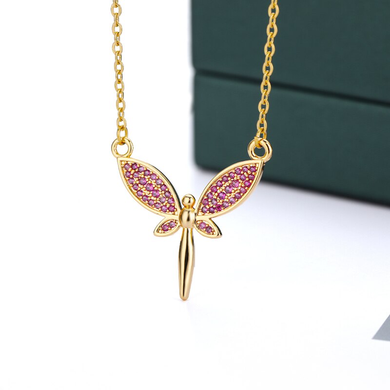Purple Zircon Dragonfly Necklace For Women Stainless Steel Gold  Color CZ Necklaces 2023 Korean Aesthetic Jewelry