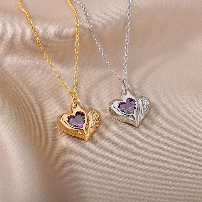 Purple Zircon Heart Necklace for Women Stainless Steel Gold Color Necklaces 2023 Trend Couple Wedding Aesthetic Jewelry collares