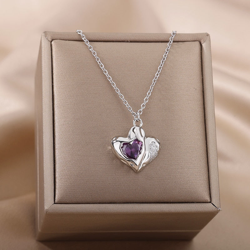 Purple Zircon Heart Necklace for Women Stainless Steel Gold Color Necklaces 2023 Trend Couple Wedding Aesthetic Jewelry collares