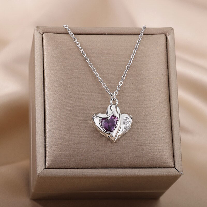 Purple Zircon Heart Necklace for Women Stainless Steel Gold Color Necklaces 2023 Trend Couple Wedding Aesthetic Jewelry collares