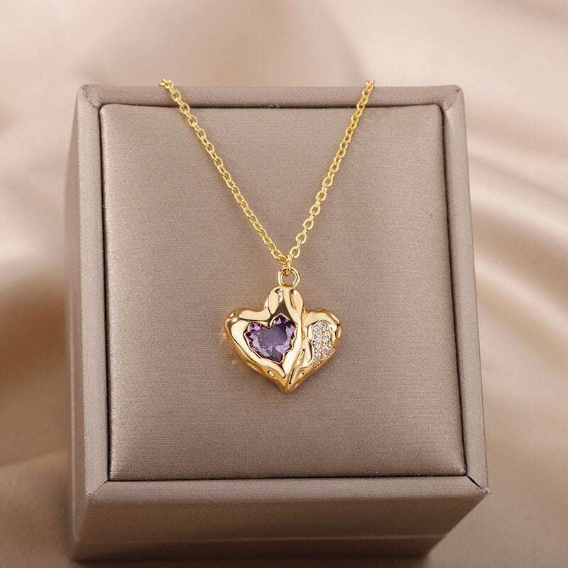 Purple Zircon Heart Necklace for Women Stainless Steel Gold Color Necklaces 2023 Trend Couple Wedding Aesthetic Jewelry collares