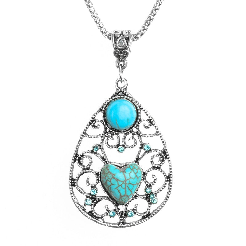 Luxury Hollow Out Heart Crystal Water Drop Pendant Stone Necklaces Elegant Tibetan Silver Long Chain Jewelry For Women