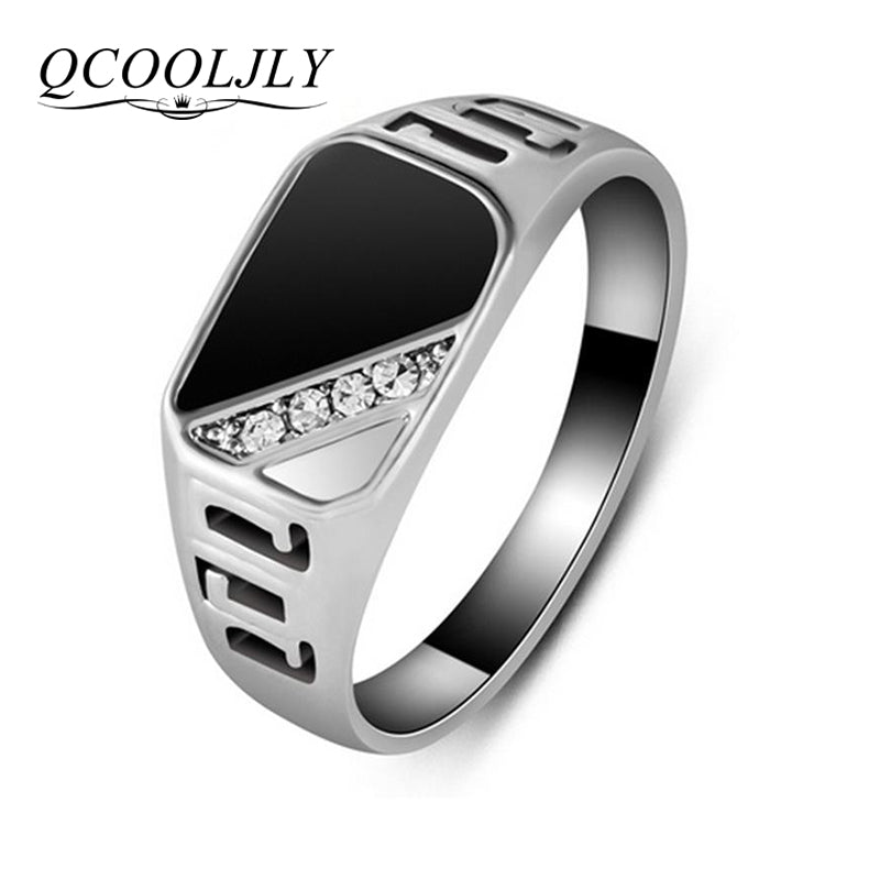 New Fashion Size 7-12 Classic Gold Silver Color Rhinestone Men Ring Black Enamel Male Finger Rings Best Selling