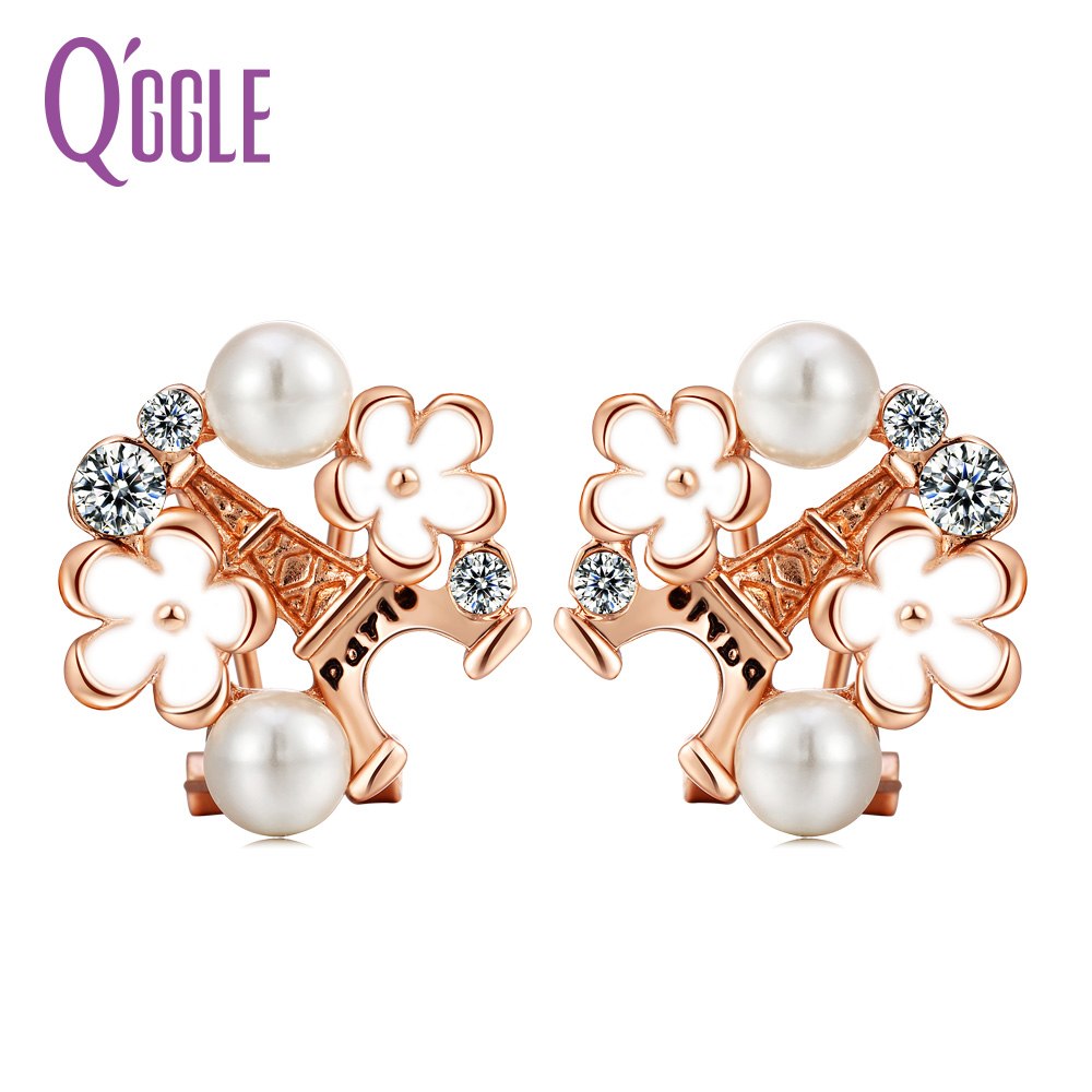 QGGLE 2020 Rose Gold Color Alloy Simulated Pearl Stud Earrings for Women Rhinestone Enamel Flower Tower Stud Earrings Jewelry