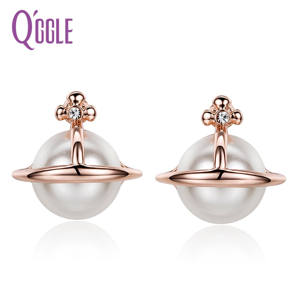 QGGLE Brand Rose Gold Color Alloy Simulated Pearl Simple Stud Earrings for Women Girls Birthd Gift