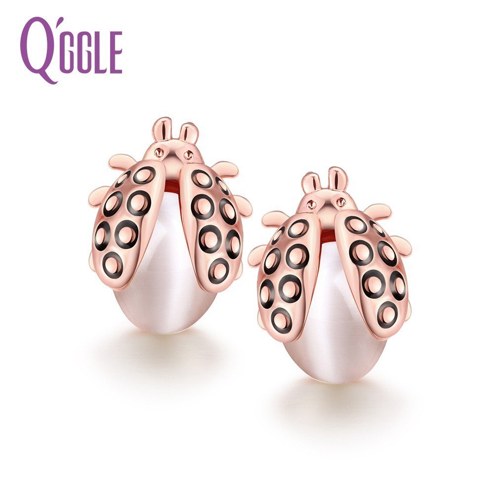 QGGLE Fashion Lovely Ladybug Pearl Rose Gold Stud Errings For Women