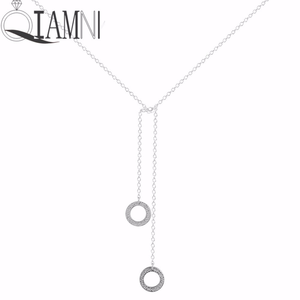 925 Sterling Silver Double Round Circle Geometric Long Chain Choker Necklaces Pendant Women Minimalist Christmas Gift