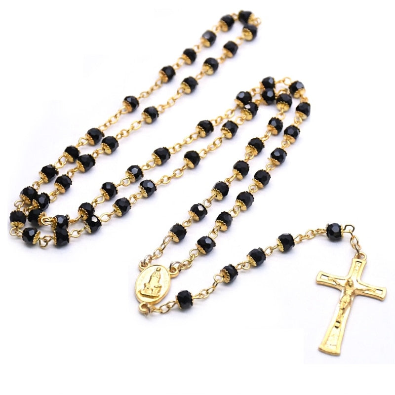 QIGO Black Crystal Rosary Necklace With Cup Gold Fatima Virgin Cross Necklace  Catholic Religious Jewelry