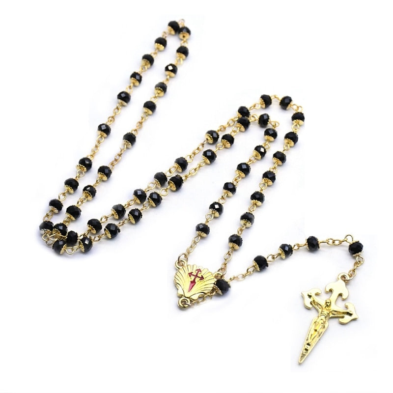 QIGO Santiago Cross Rosary Necklace Gold Cross Black Crystal Catholic Necklace Religious Jewelry