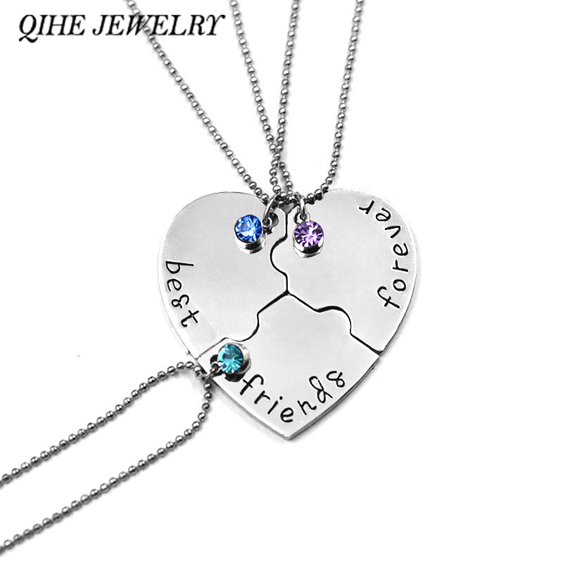 3 Pcs/set best friends forever Rhinestone Broken Heart Shape Bff Necklace Best friend Jewelry Friends Gifts