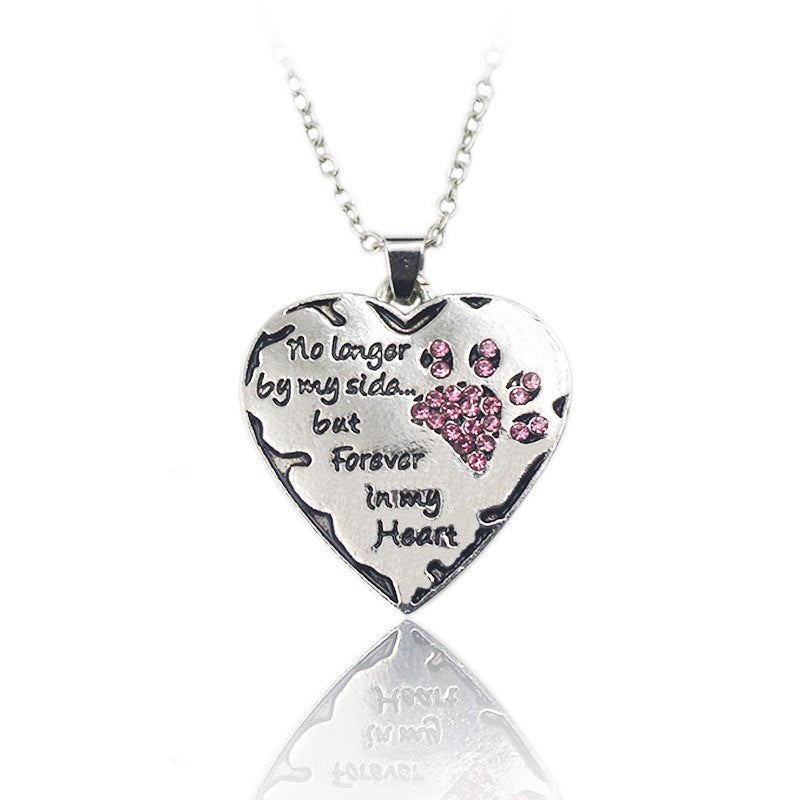 no longer be my side but forever in my heart Pink White Silver Crystal Cats Dogs Paws Claw Print & Heart Necklace