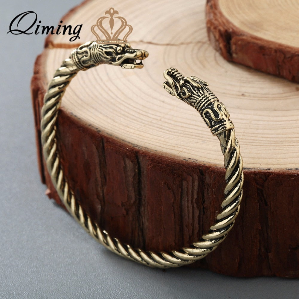 Antique Silver Gold Large Silver Viking Dragon Head Bracelet/Torc - Norse Mythology Jormungandr Beast Bracelet Wholesale