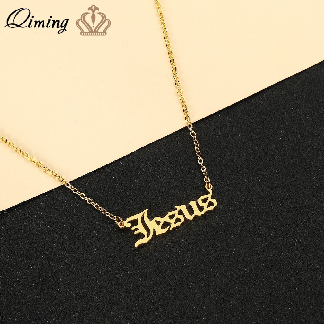 QIMING Christ Jesus Letter Necklace For Women Men Ankh Jewelry Gold Cross Pendants Necklaces Collier Dropship
