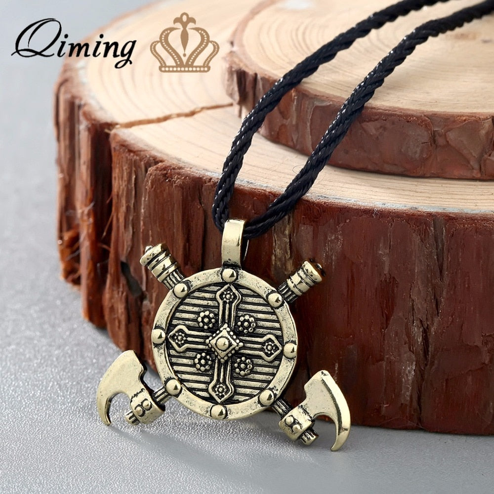 QIMING Cletic Axes Necklace Women Shield Viking Cross Gladiator Medieval Pewter Pendant Gold Cross Necklace Men Jewelry