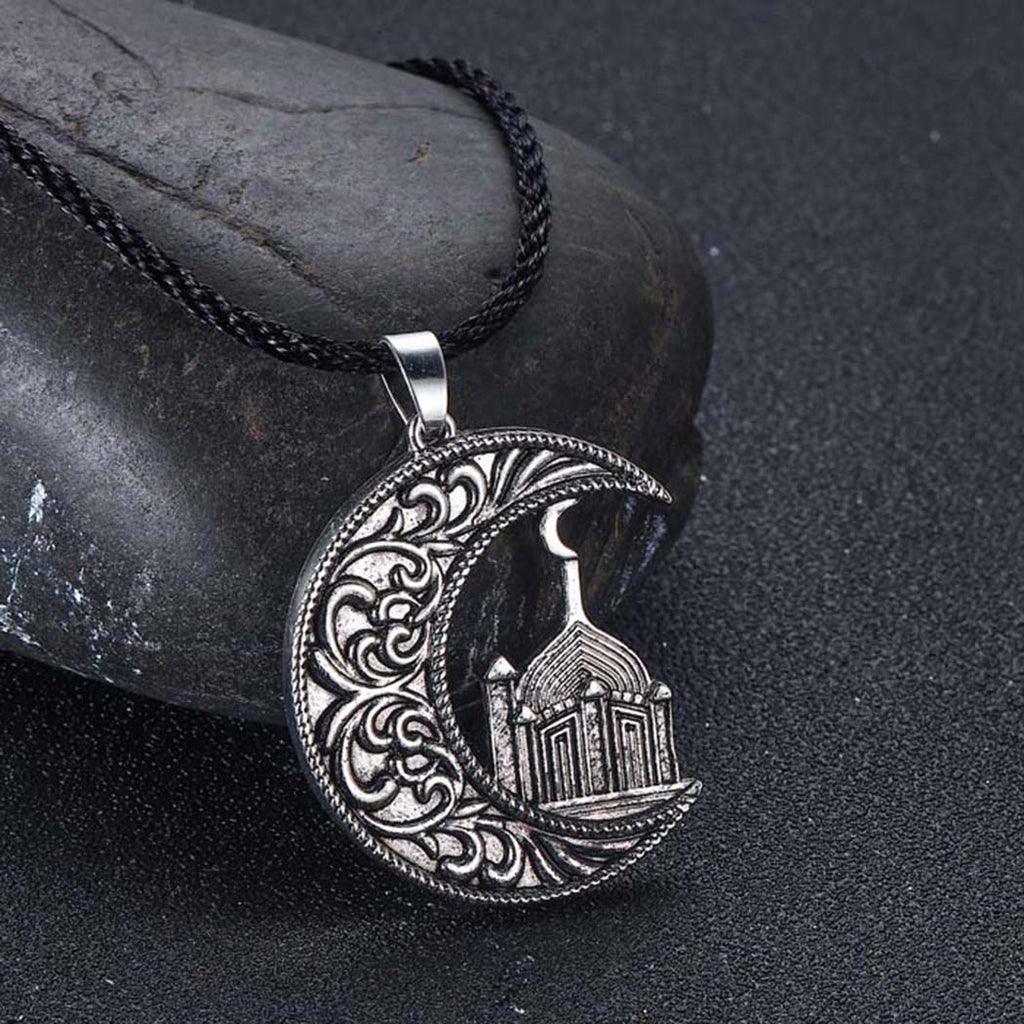 QIMING Crescent Moon Mosque Islamic Necklace For Women Viking Slavic House Vintage Retro Jewelry Pendant Men Necklace