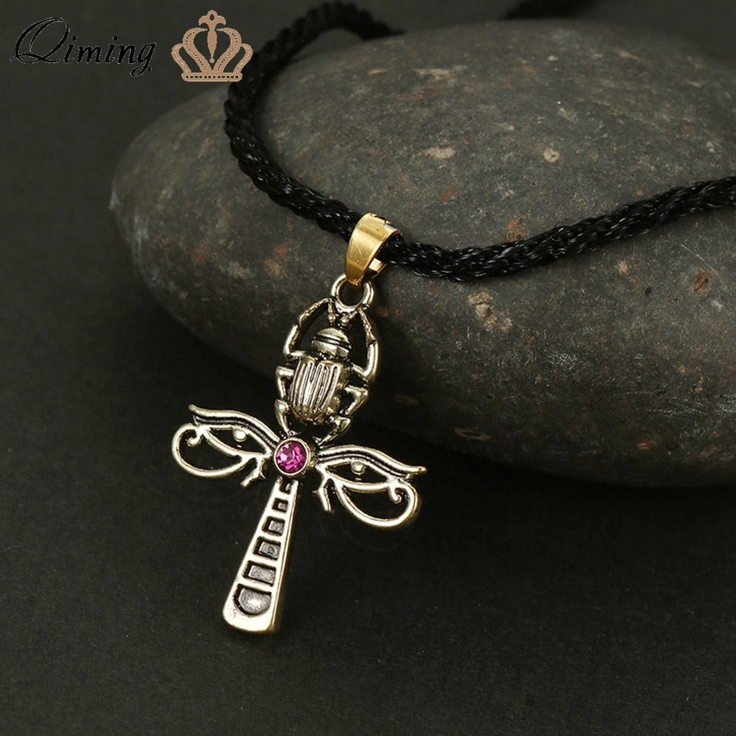 QIMING Egyptian Ankh Cross Pendant Necklace Women Men Horus Eye And Scarab Jewelry Women Men Neckalce Gifts