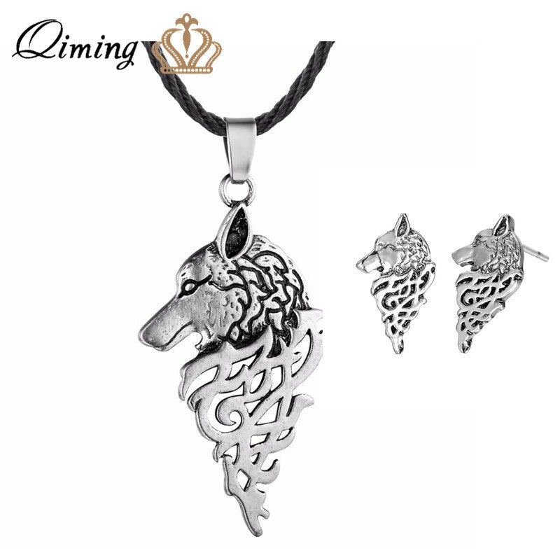 QIMING Harajuku Style Slavic Women Necklace Jewelry Amulet Wolf Totem Kolovrat Charm Vintage Amulets Men's Valknut Pendant Gift