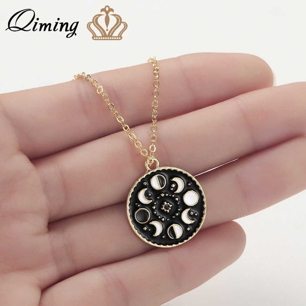 QIMING Moon Phase Black Necklace For Women Glow In The Dark Glowing Luminous Enamel Vintage Crescent Pendant Necklaces