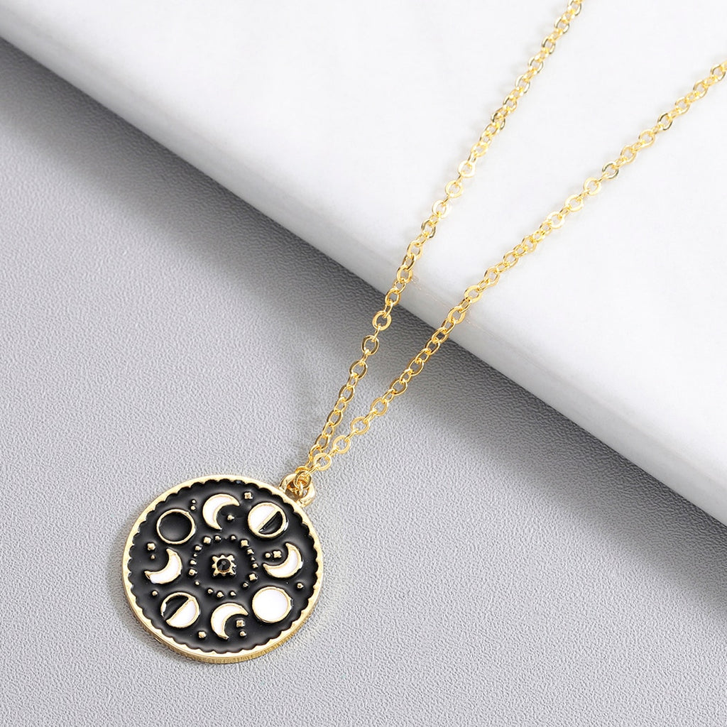 QIMING Moon Phase Black Necklace For Women Glow In The Dark Glowing Luminous Enamel Vintage Crescent Pendant Necklaces