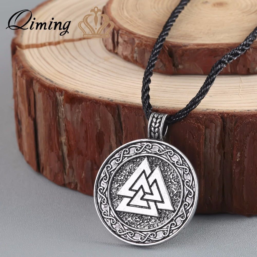 QIMING Design Nodic Vikings Runes Pendant Black Necklace Valknut Original Amulet Pendant Necklace Talisman