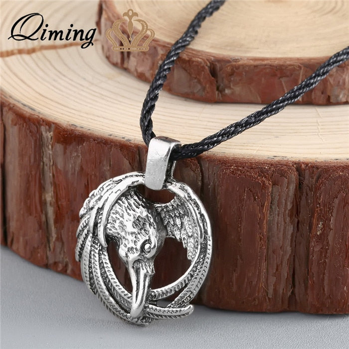 QIMING Norse Raven Necklace Box -Odin Viking pendant Crow Runes Thor Hammer Mjolnir Talisman Vintage Eagle Men Necklace Women