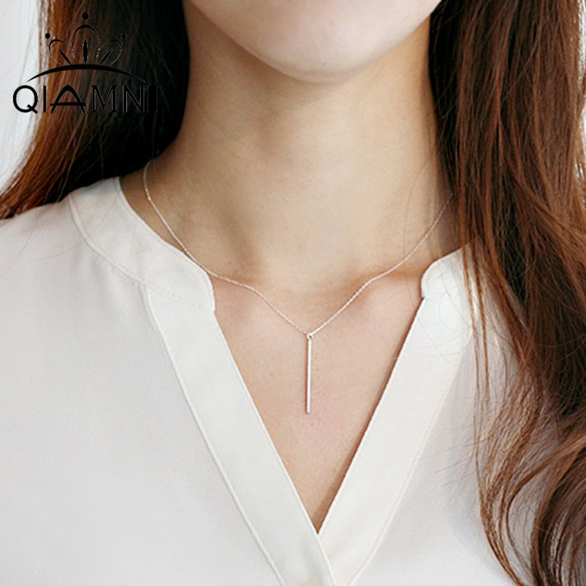 Simple Design Long Necklace 925 Sterling Silver Dainty Long Skinny Vertical Bar Women Wedding Charm Pendant Necklace