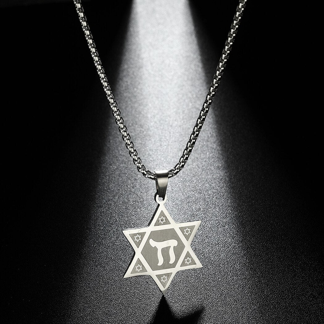 QIMING  Star Of David Pendant Necklace Men Women Hexagram Chai Jewish Dainty Jewelry Stainless Steel Necklace Chokers Gift