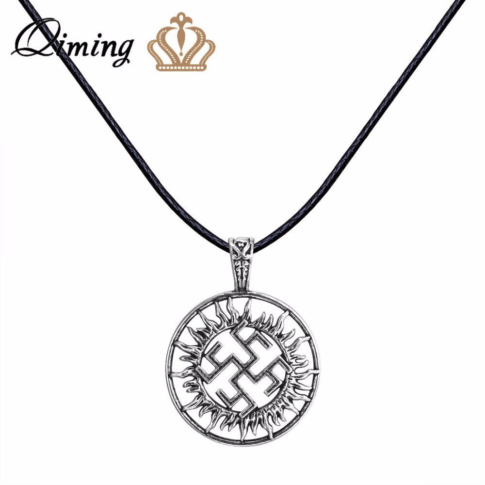 QIMING Symbol Slavic Pendant Necklace Gift For Boyfriend Black Chain Necklace For Women Charm Jewelry Bijoux