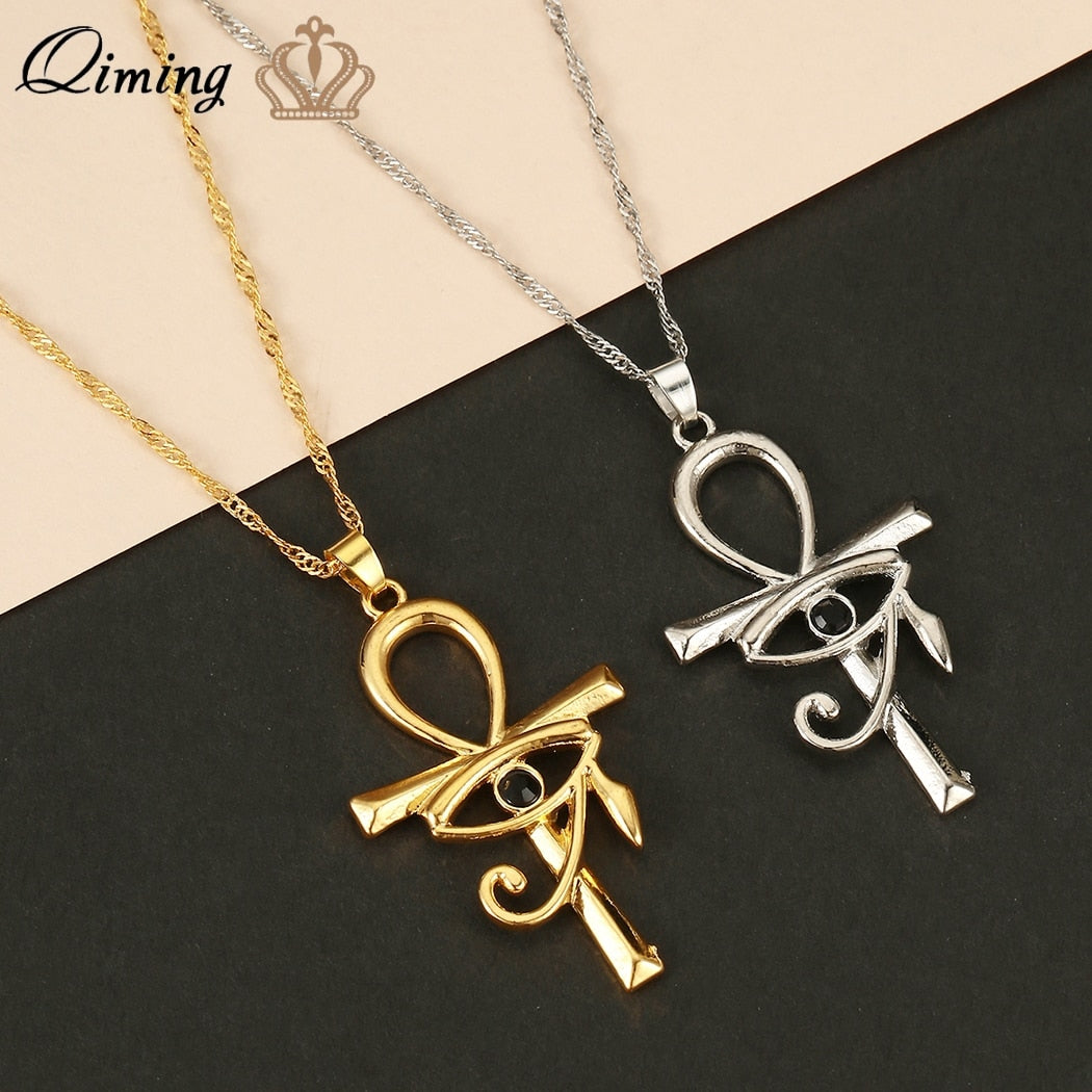 QIMING The Eye Of Horus Ankh Women Men Necklace Evil Eye Cross Gold Silver Ancient Egyptian Amulet Crucifix Necklaces Gift