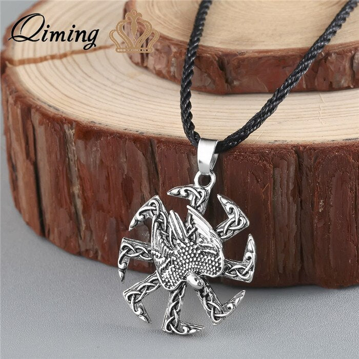 QIMING Valknut Double Side Viking Slavic talisman Knot Celtic Dragon Pendant Necklace Talisman Charm Vintage Men Necklace