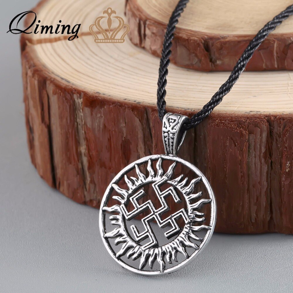 QIMING Viking Son Of Sun Sloar Kolovrat Slavic Amulet Pendants For Necklace Scandinavian Norse Round Choker Necklace
